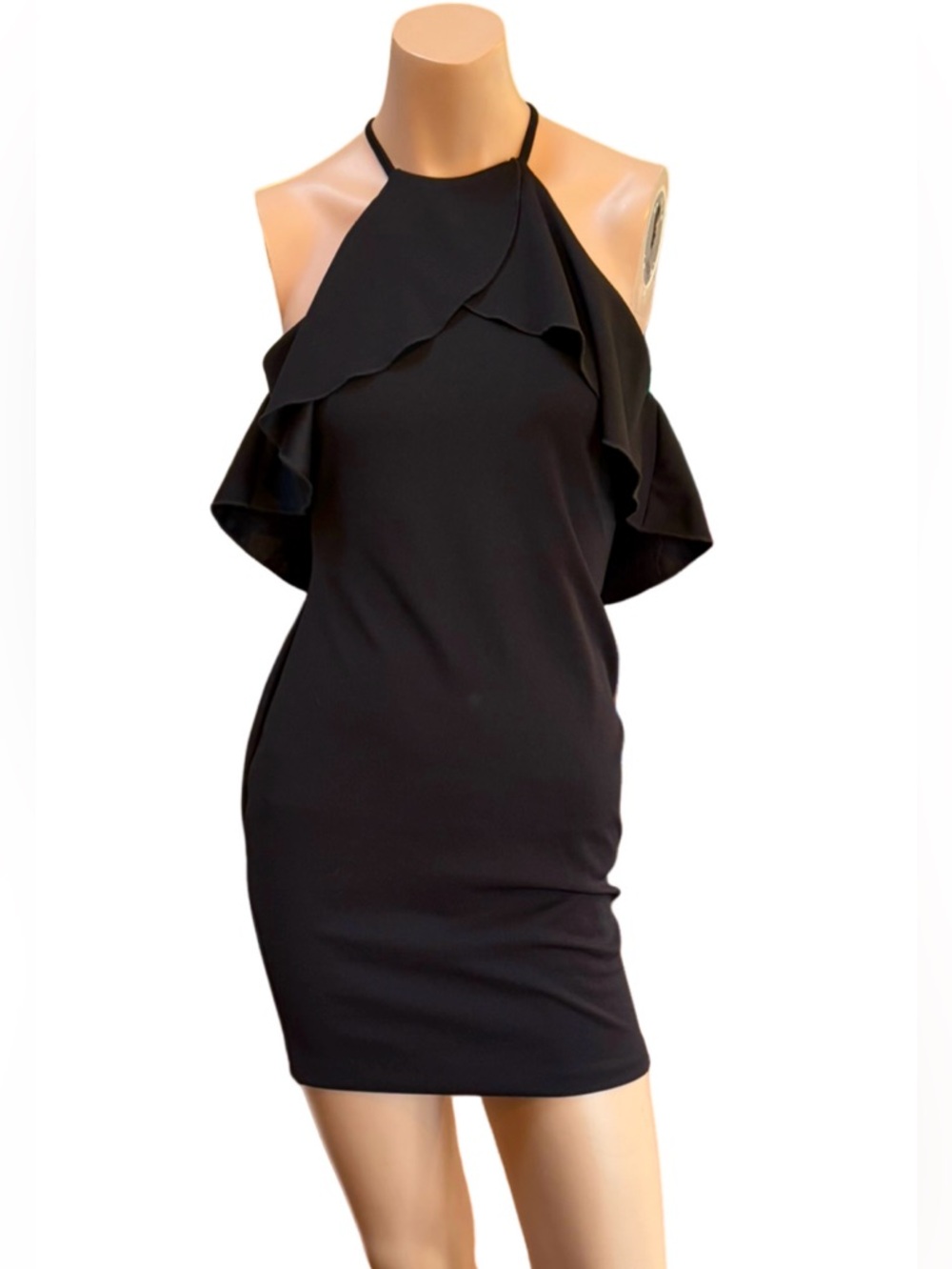 Boutique Black Halter Ruffle Bodycon Dress NWT Pearl Detail M